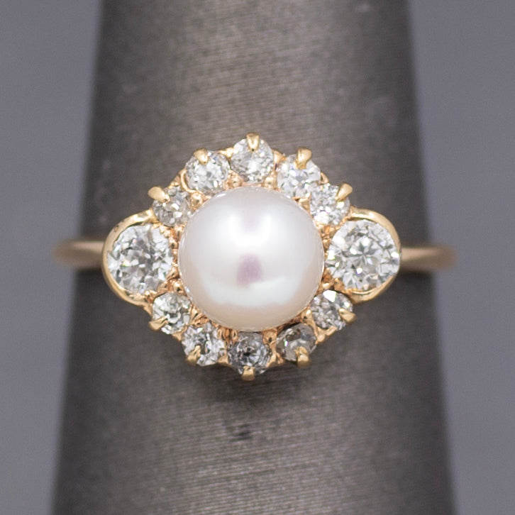 Glorious Victorian Pearl and Old Cut Diamond Ring in 14k Yellow Gold