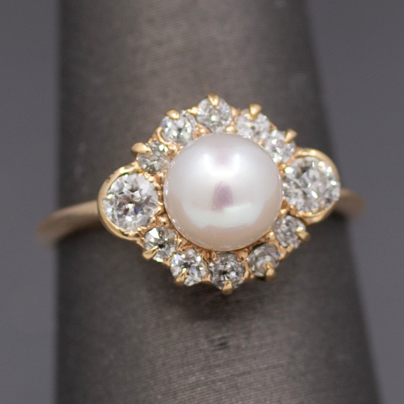 Glorious Victorian Pearl and Old Cut Diamond Ring in 14k Yellow Gold