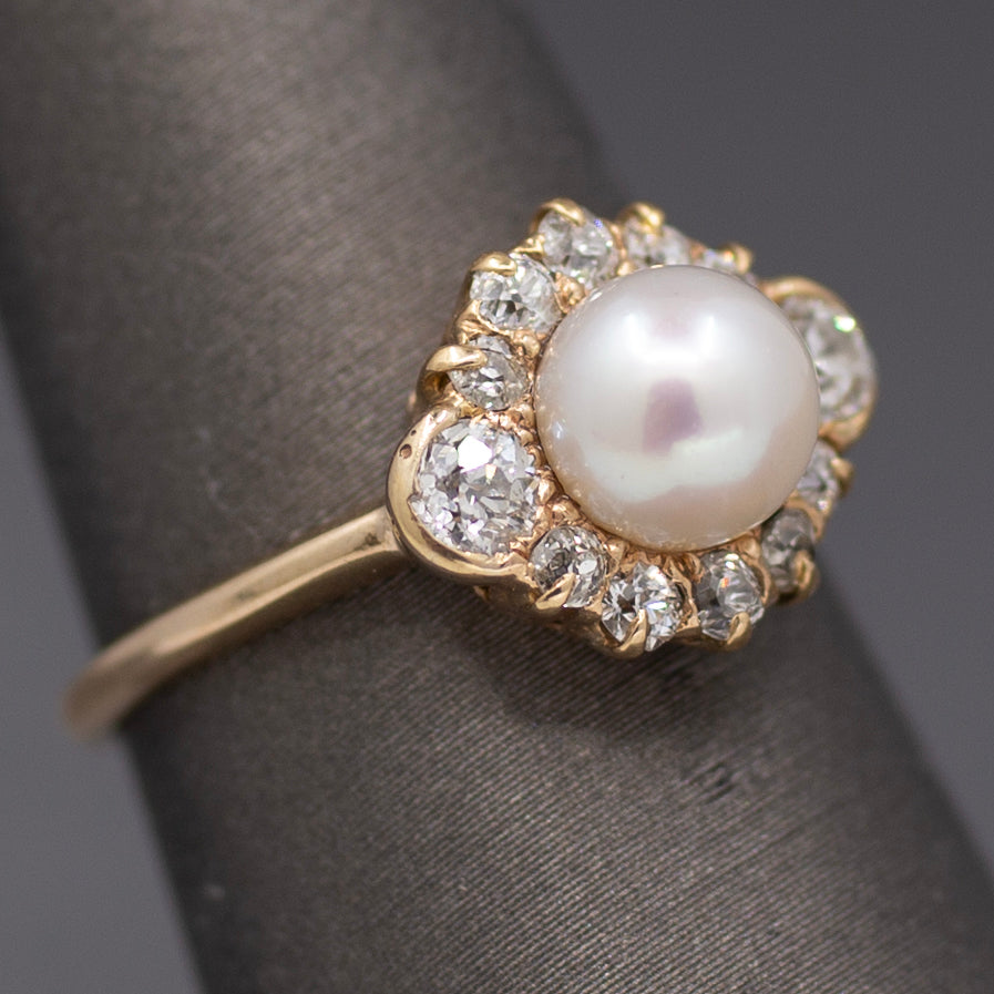 Glorious Victorian Pearl and Old Cut Diamond Ring in 14k Yellow Gold