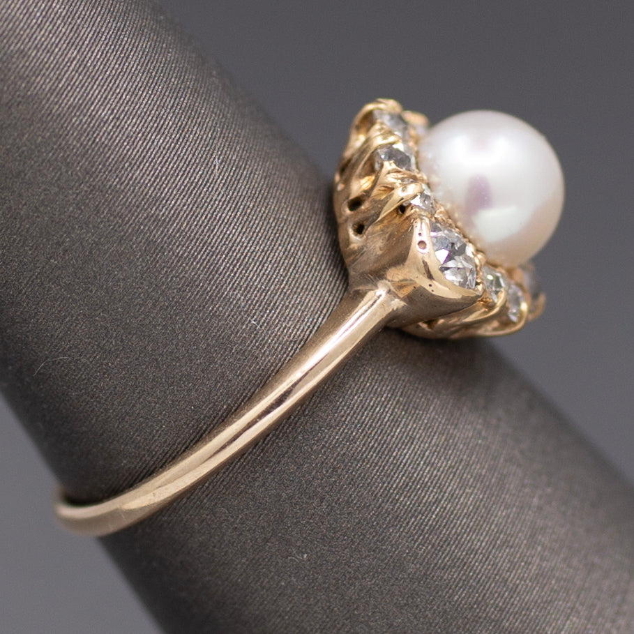 Glorious Victorian Pearl and Old Cut Diamond Ring in 14k Yellow Gold