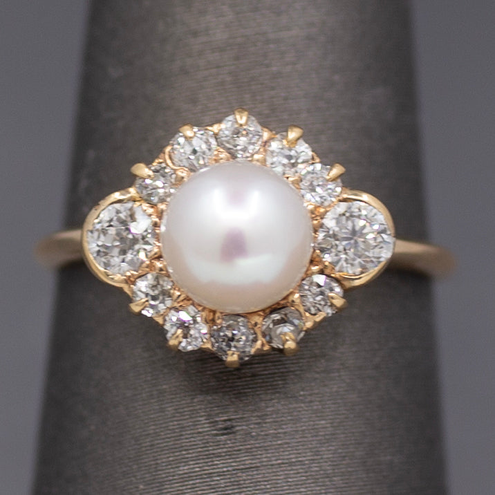 Glorious Victorian Pearl and Old Cut Diamond Ring in 14k Yellow Gold