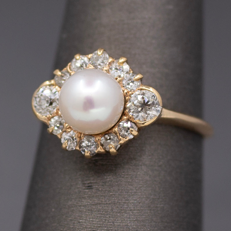 Glorious Victorian Pearl and Old Cut Diamond Ring in 14k Yellow Gold