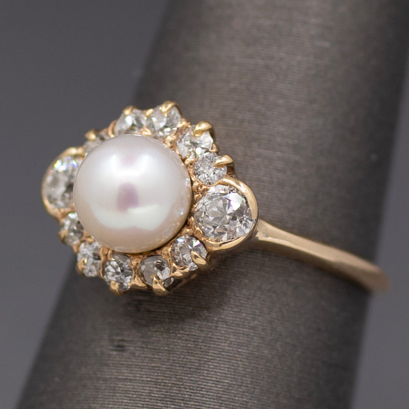 Glorious Victorian Pearl and Old Cut Diamond Ring in 14k Yellow Gold