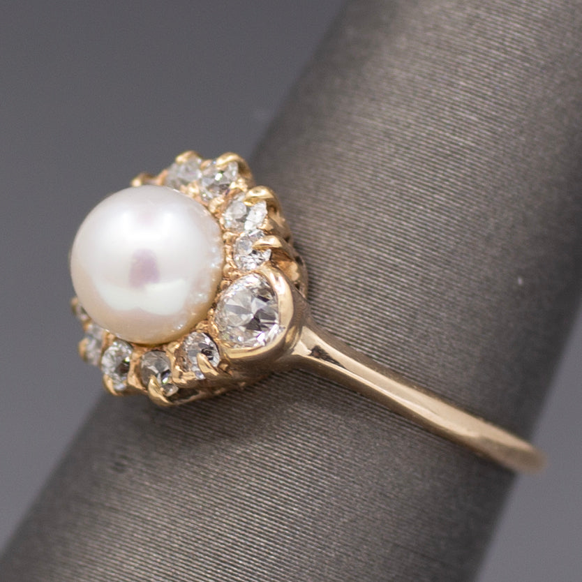 Glorious Victorian Pearl and Old Cut Diamond Ring in 14k Yellow Gold
