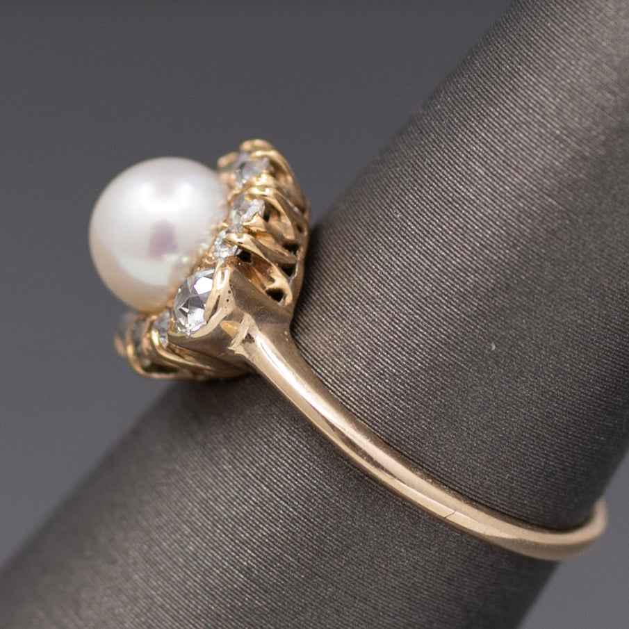 Glorious Victorian Pearl and Old Cut Diamond Ring in 14k Yellow Gold