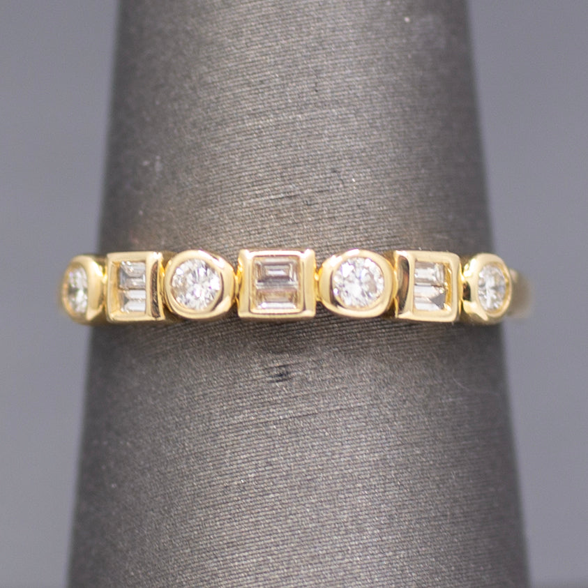 Bezel Set Round and Baguette Cut Diamond Band Ring in 14k Yellow Gold