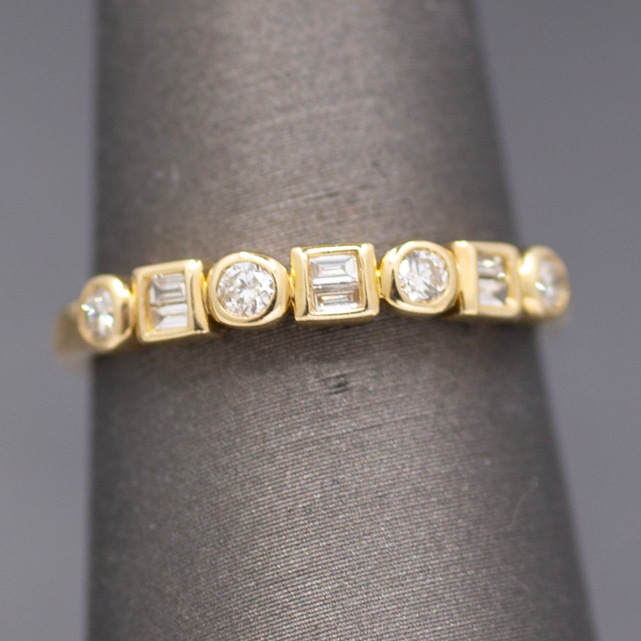 Bezel Set Round and Baguette Cut Diamond Band Ring in 14k Yellow Gold