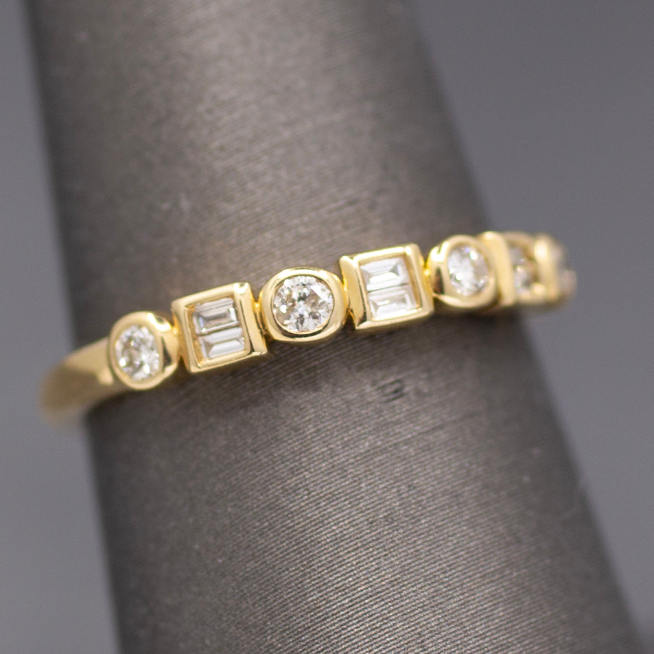 Bezel Set Round and Baguette Cut Diamond Band Ring in 14k Yellow Gold