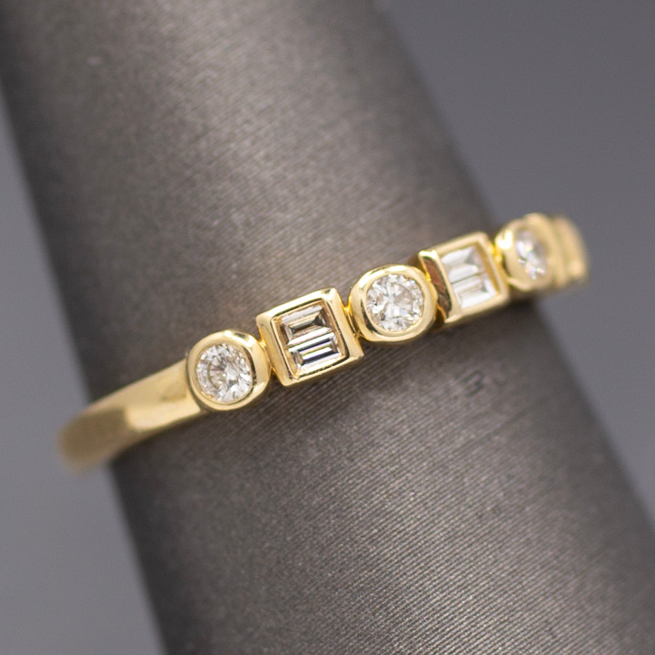 Bezel Set Round and Baguette Cut Diamond Band Ring in 14k Yellow Gold