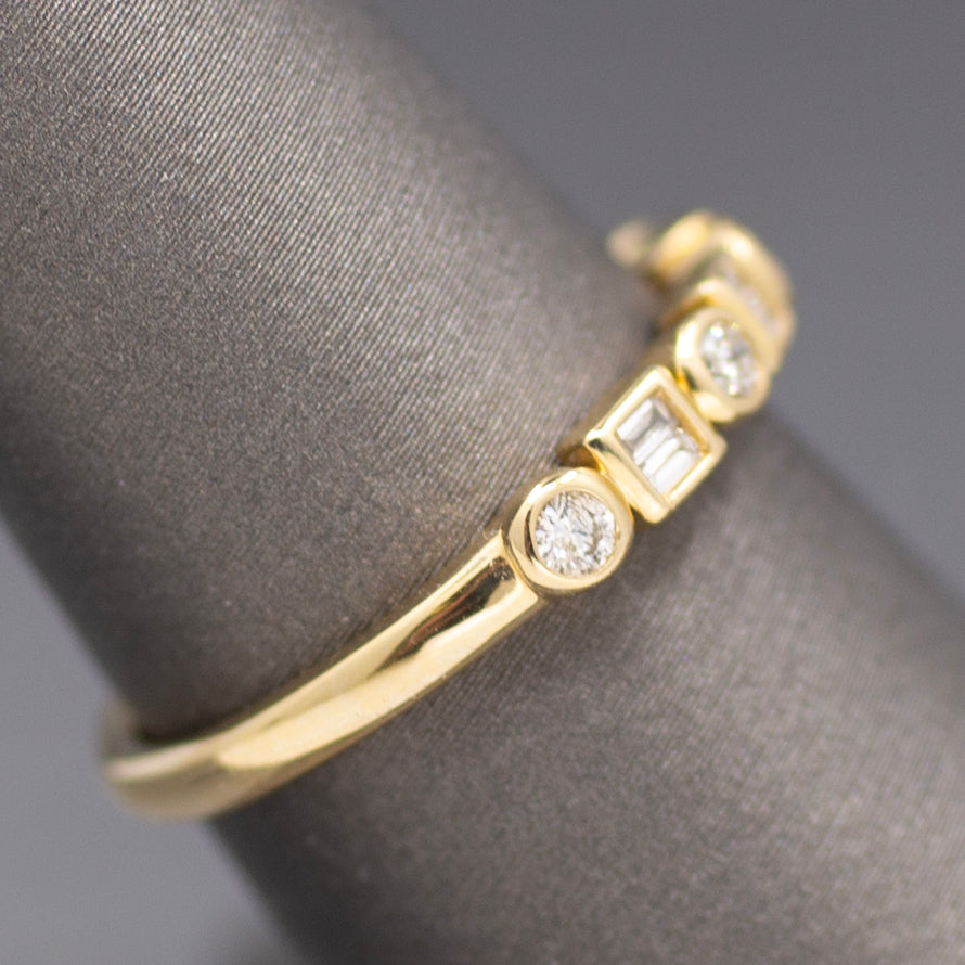 Bezel Set Round and Baguette Cut Diamond Band Ring in 14k Yellow Gold