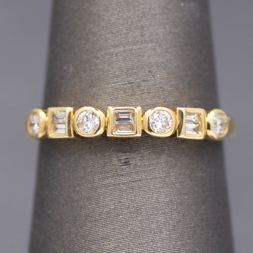 Bezel Set Round and Baguette Cut Diamond Band Ring in 14k Yellow Gold