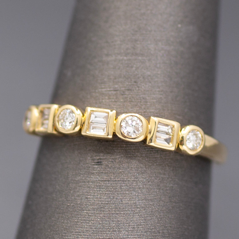 Bezel Set Round and Baguette Cut Diamond Band Ring in 14k Yellow Gold