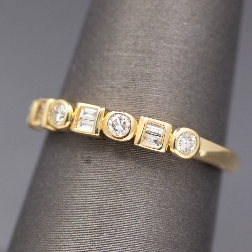 Bezel Set Round and Baguette Cut Diamond Band Ring in 14k Yellow Gold