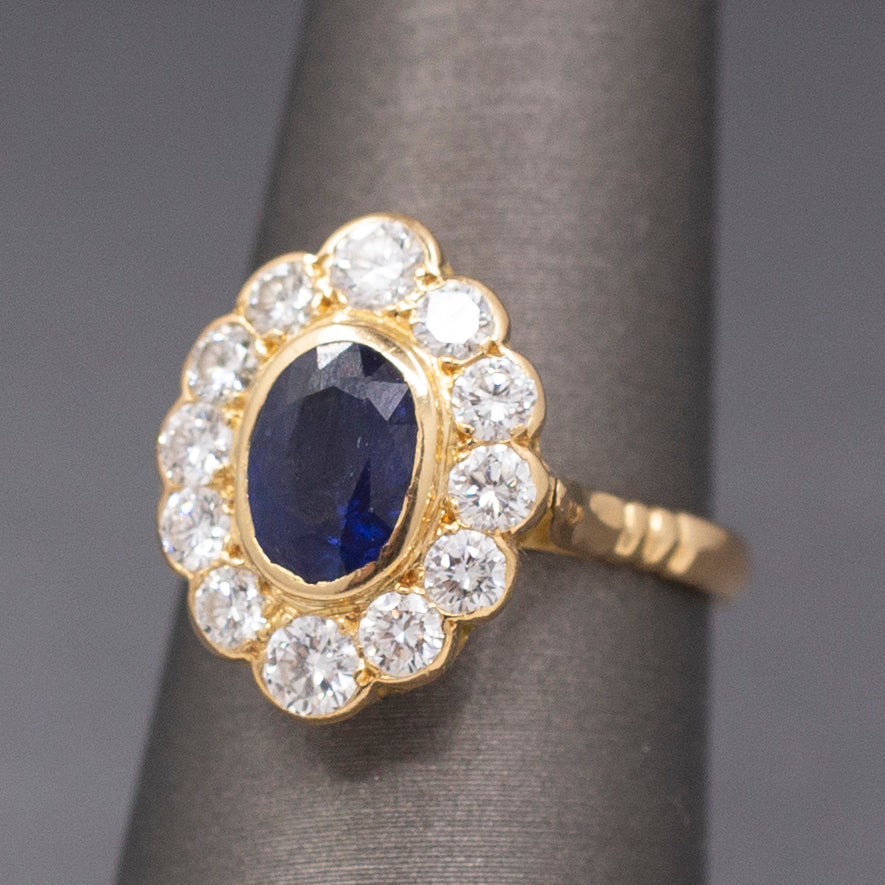 Gorgeous Bezel Set Blue Sapphire and Diamond Ring in 14k Yellow Gold