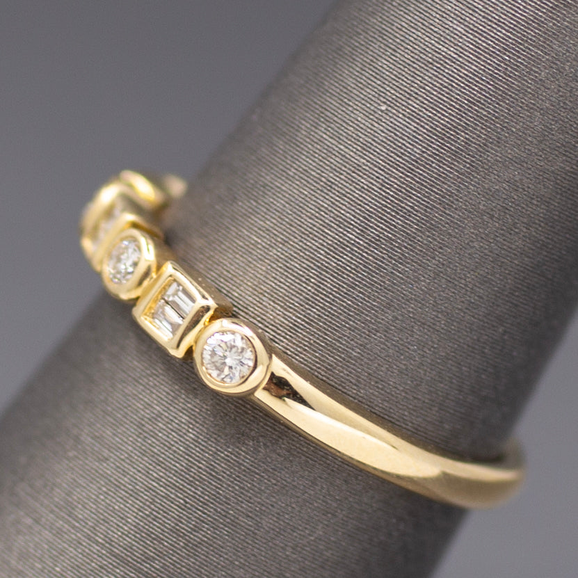 Bezel Set Round and Baguette Cut Diamond Band Ring in 14k Yellow Gold