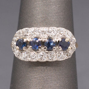 Romantic Deep Blue Sapphire and Old European Cut Diamond Band Ring in 14k Yellow Gold