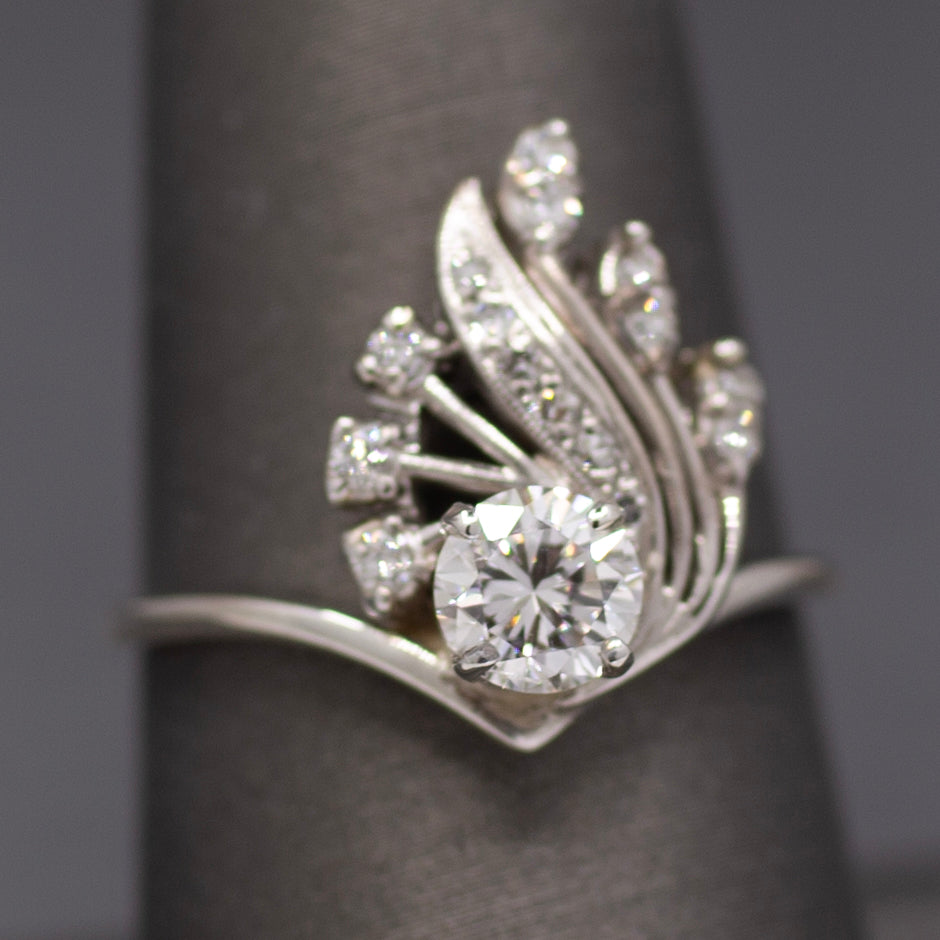 Sparkling Mid-Century Diamond Chevron Cocktail Ring in 14k White Gold