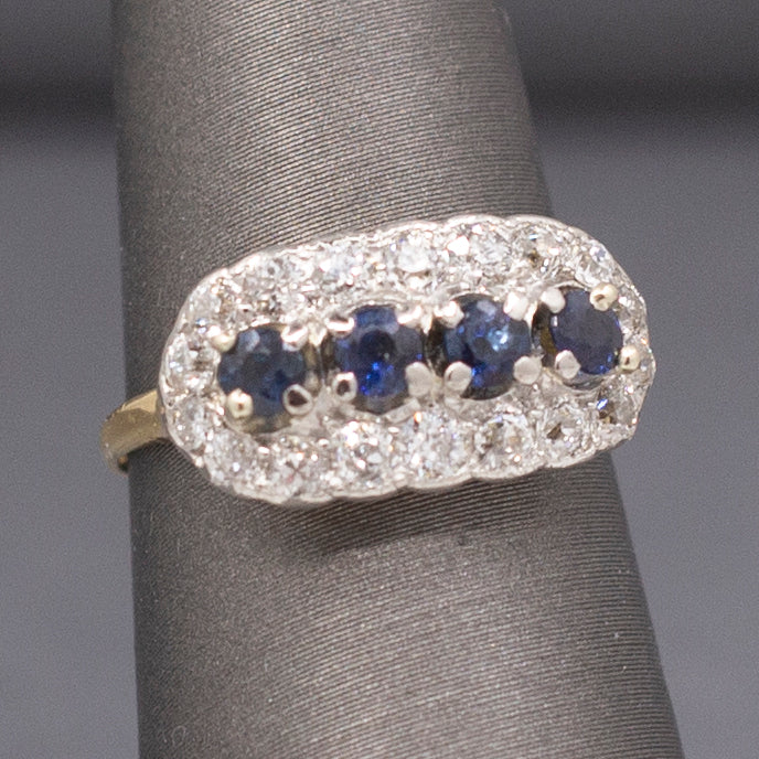 Romantic Deep Blue Sapphire and Old European Cut Diamond Band Ring in 14k Yellow Gold