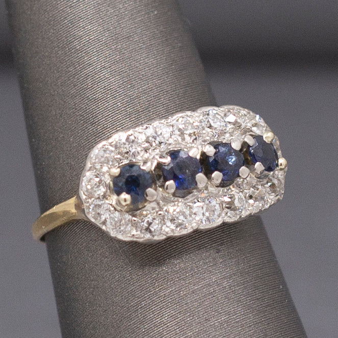 Romantic Deep Blue Sapphire and Old European Cut Diamond Band Ring in 14k Yellow Gold