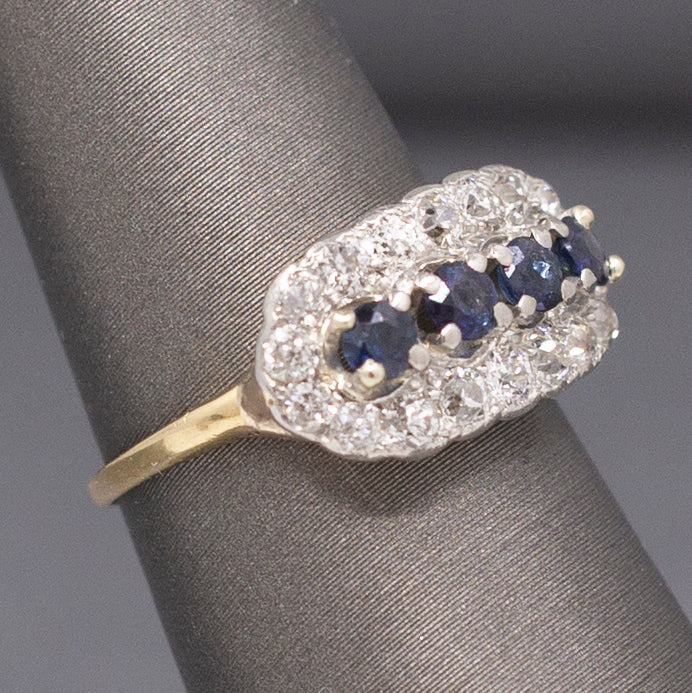 Romantic Deep Blue Sapphire and Old European Cut Diamond Band Ring in 14k Yellow Gold