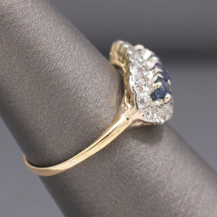Romantic Deep Blue Sapphire and Old European Cut Diamond Band Ring in 14k Yellow Gold