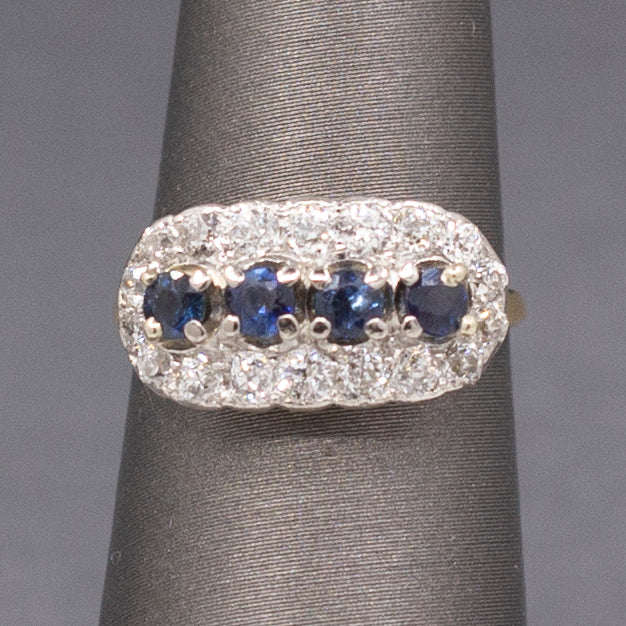 Romantic Deep Blue Sapphire and Old European Cut Diamond Band Ring in 14k Yellow Gold