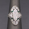 Elegant Art Deco Old European Cut Diamond and Emerald Cocktail Ring in 18k White Gold