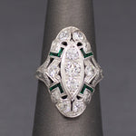 Elegant Art Deco Old European Cut Diamond and Emerald Cocktail Ring in 18k White Gold