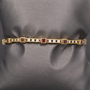 Luxe Diamond and Ruby Accent Line Tennis Link Bracelet in 18k Yellow Gold