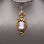Antique Victorian Pearl and Hard Stone Cameo Pendant in 10k Yellow Gold