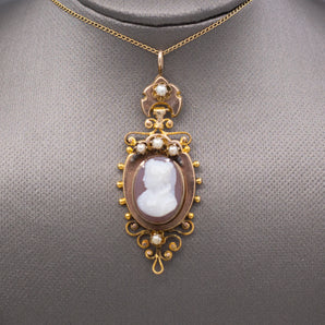 Antique Victorian Pearl and Hard Stone Cameo Pendant in 10k Yellow Gold