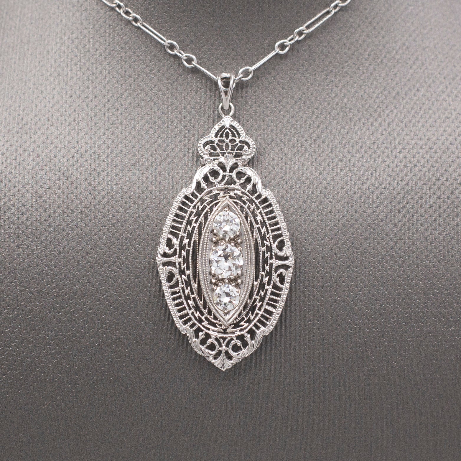 Gorgeous Art Deco Three Stone Diamond Pendant Necklace in 14k White Gold