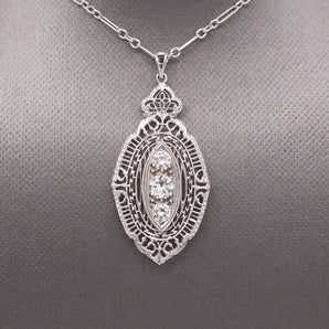 Gorgeous Art Deco Three Stone Diamond Pendant Necklace in 14k White Gold