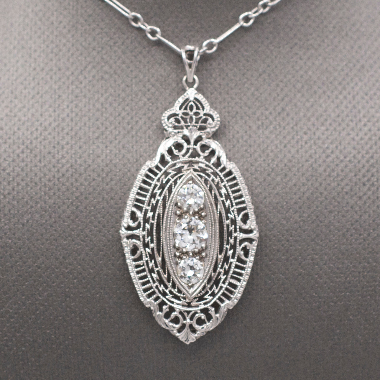 Gorgeous Art Deco Three Stone Diamond Pendant Necklace in 14k White Gold
