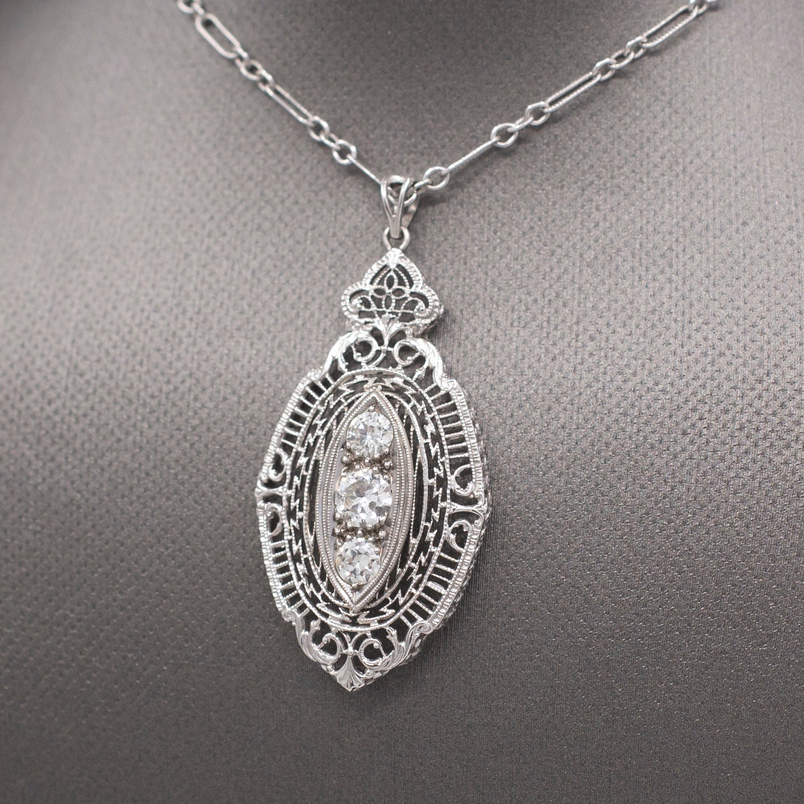 Gorgeous Art Deco Three Stone Diamond Pendant Necklace in 14k White Gold