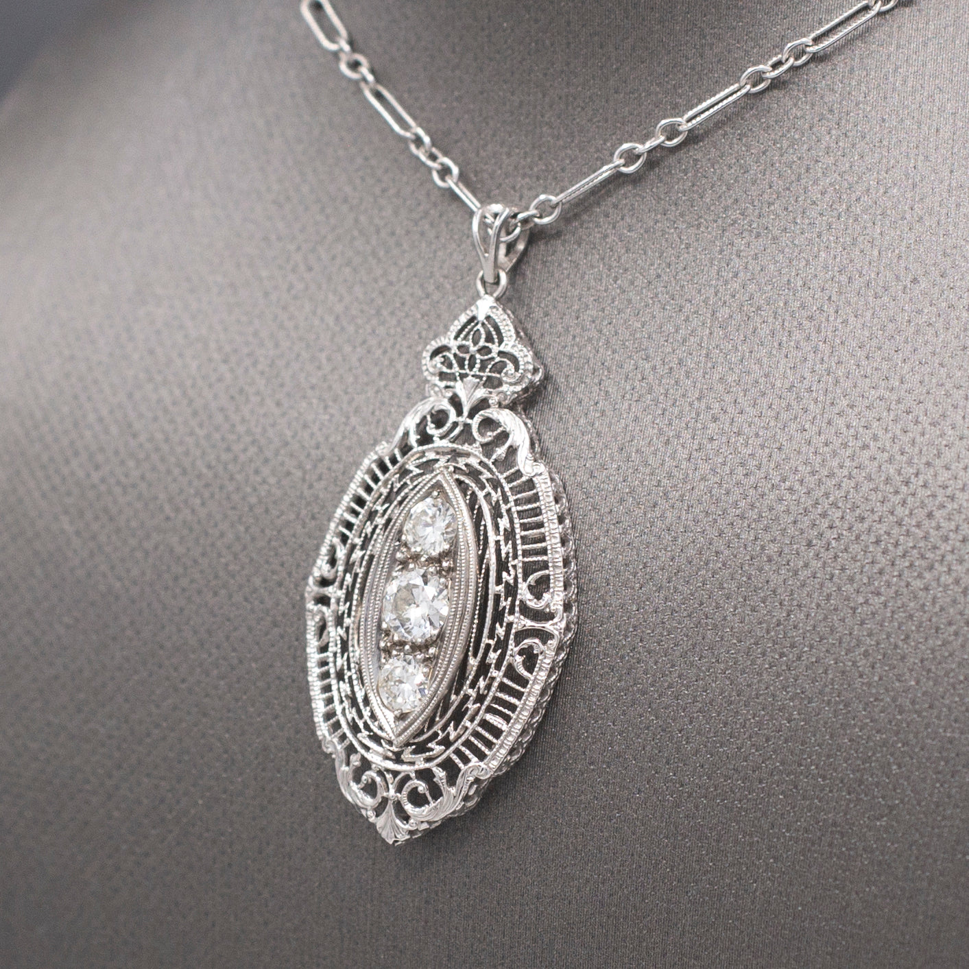 Gorgeous Art Deco Three Stone Diamond Pendant Necklace in 14k White Gold