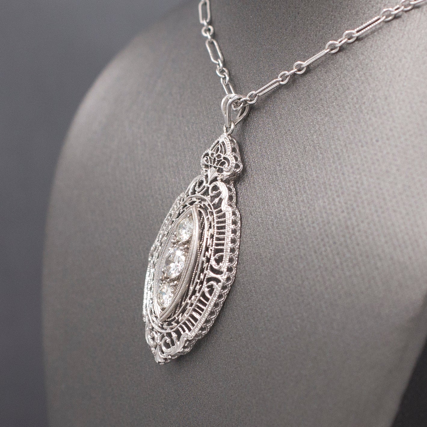 Gorgeous Art Deco Three Stone Diamond Pendant Necklace in 14k White Gold