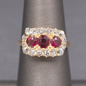 Fantastic Natural Ruby and Old Mine Cut Diamond Band Ring in 14k Yellow Gold