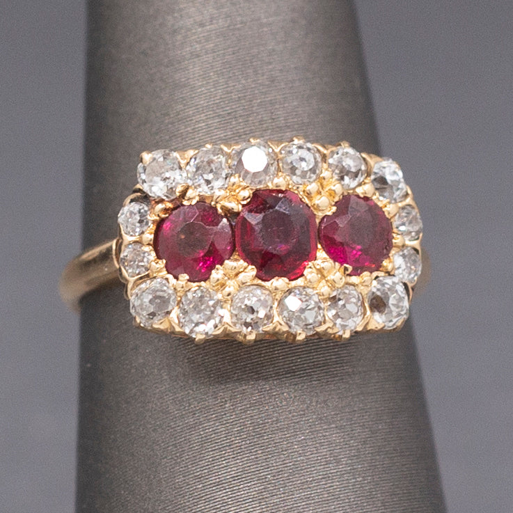 Fantastic Natural Ruby and Old Mine Cut Diamond Band Ring in 14k Yellow Gold