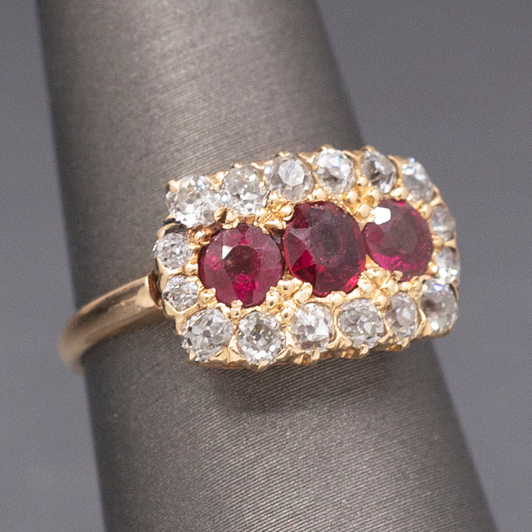 Fantastic Natural Ruby and Old Mine Cut Diamond Band Ring in 14k Yellow Gold