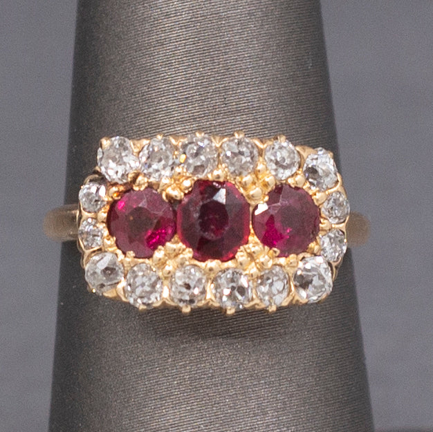 Fantastic Natural Ruby and Old Mine Cut Diamond Band Ring in 14k Yellow Gold