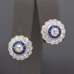 Sparkling Old Mine Cut Diamond and Sapphire Stud Earrings in 14k White Gold