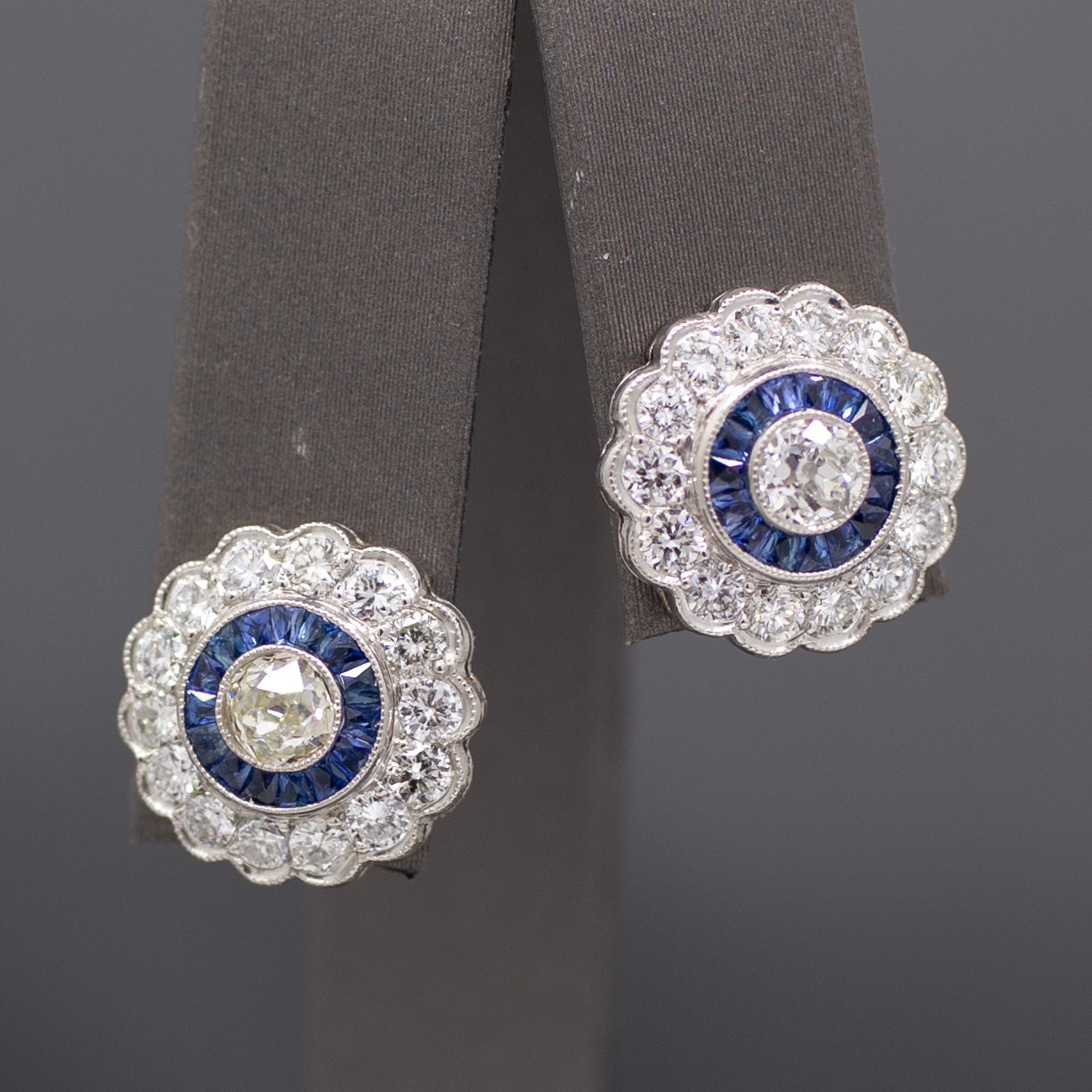 Sparkling Old Mine Cut Diamond and Sapphire Stud Earrings in 14k White Gold