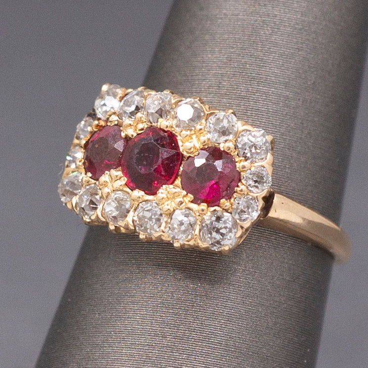 Fantastic Natural Ruby and Old Mine Cut Diamond Band Ring in 14k Yellow Gold