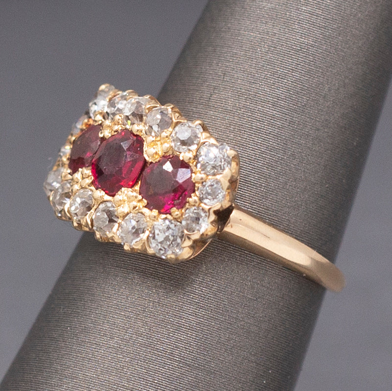 Fantastic Natural Ruby and Old Mine Cut Diamond Band Ring in 14k Yellow Gold