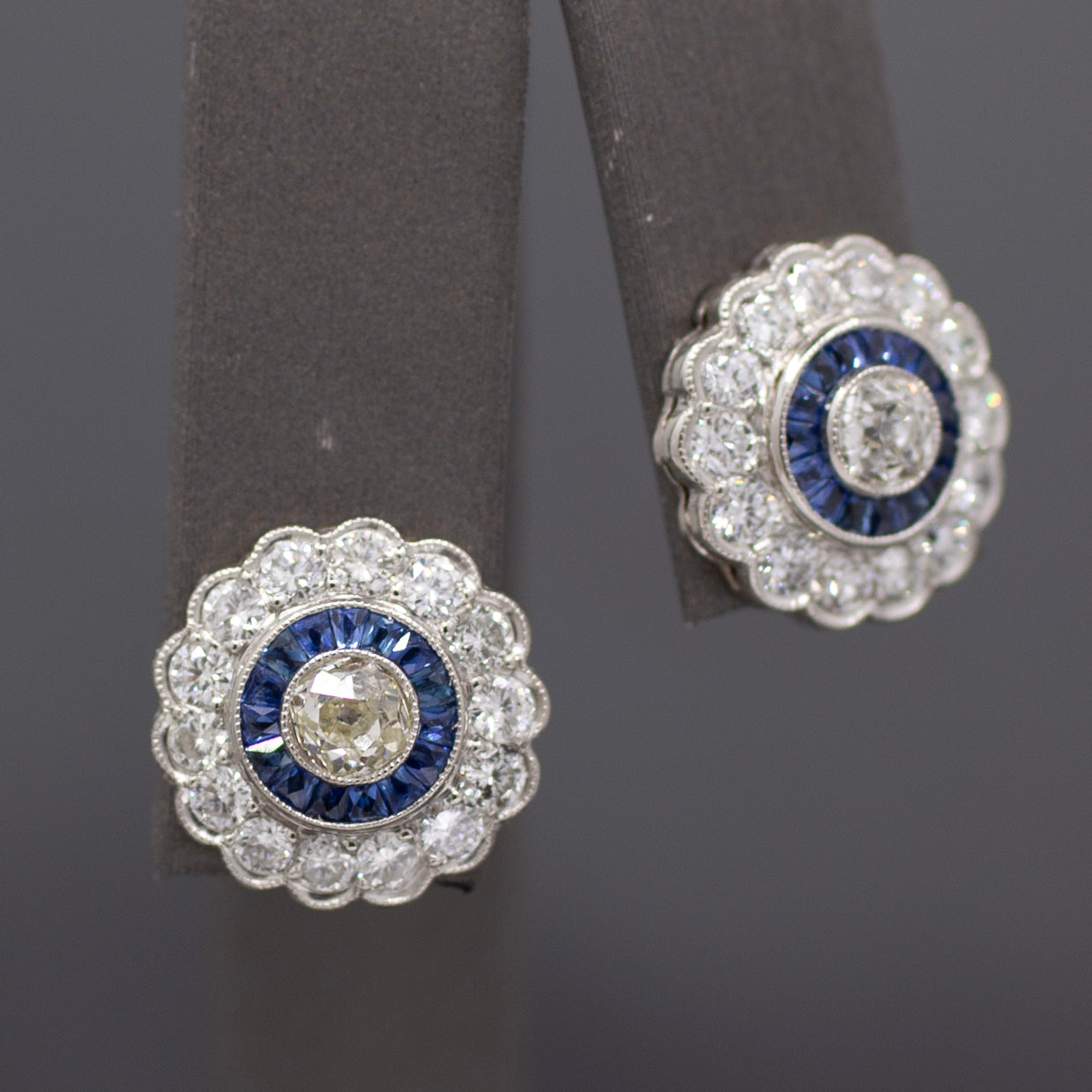 Sparkling Old Mine Cut Diamond and Sapphire Stud Earrings in 14k White Gold