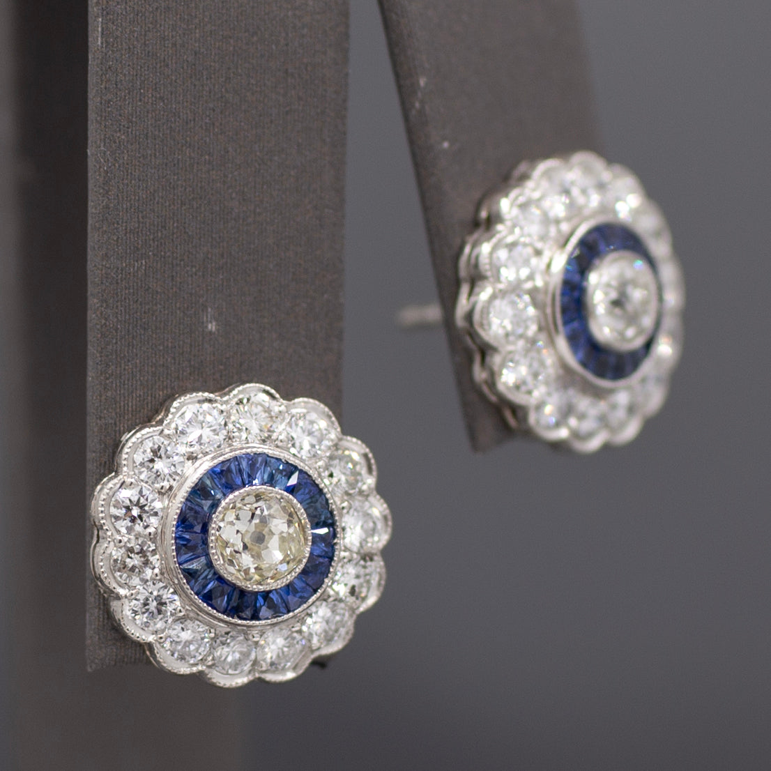 Sparkling Old Mine Cut Diamond and Sapphire Stud Earrings in 14k White Gold