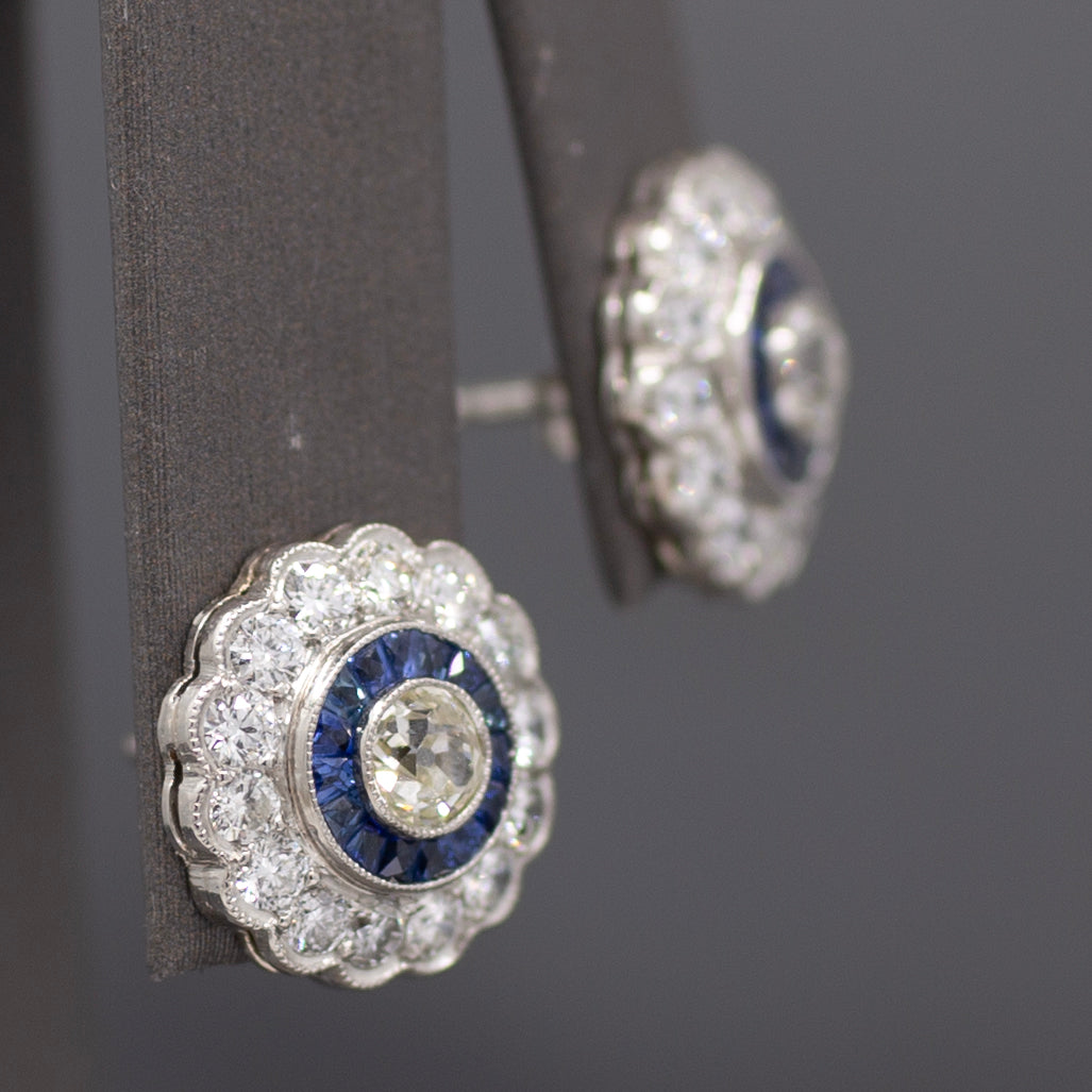 Sparkling Old Mine Cut Diamond and Sapphire Stud Earrings in 14k White Gold