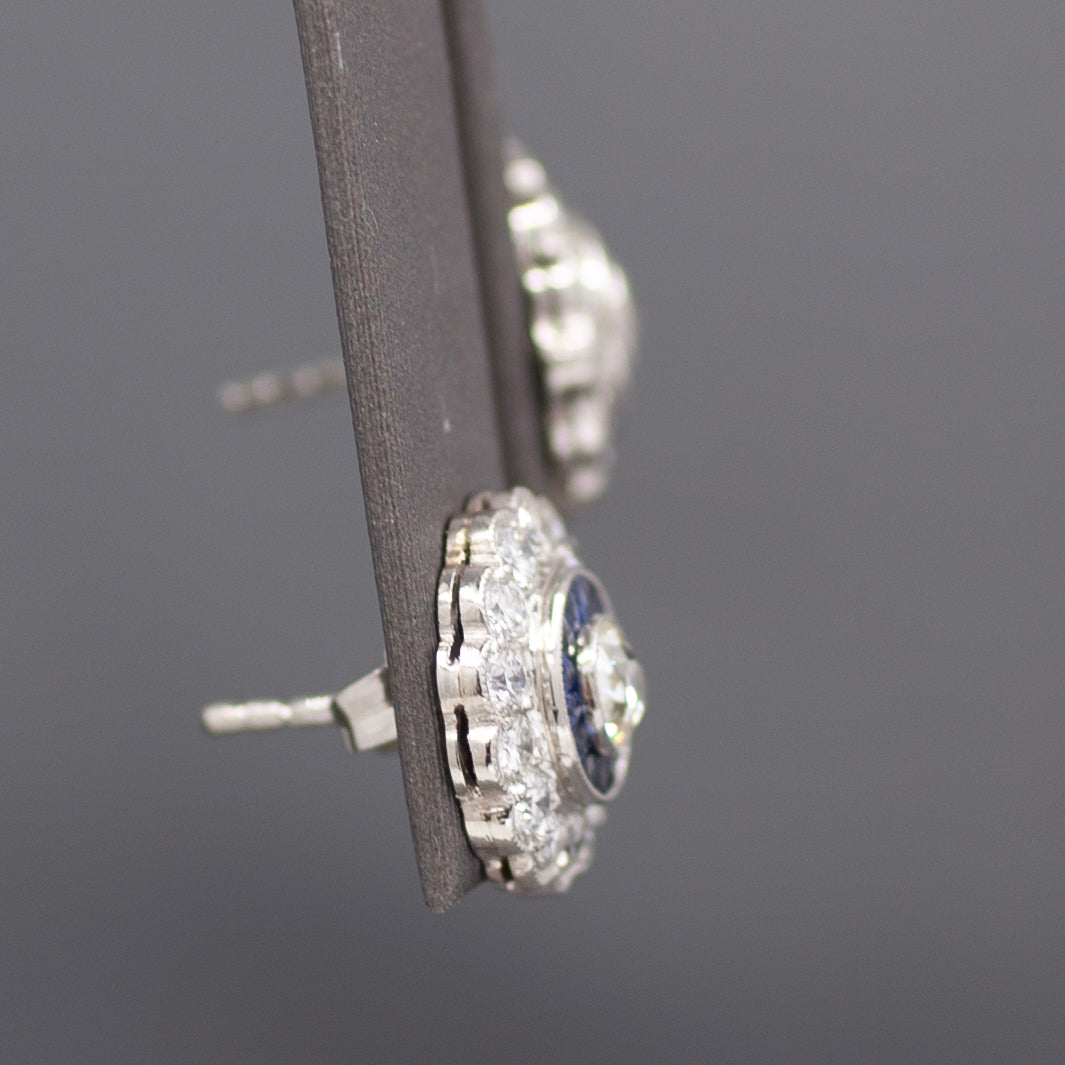 Sparkling Old Mine Cut Diamond and Sapphire Stud Earrings in 14k White Gold