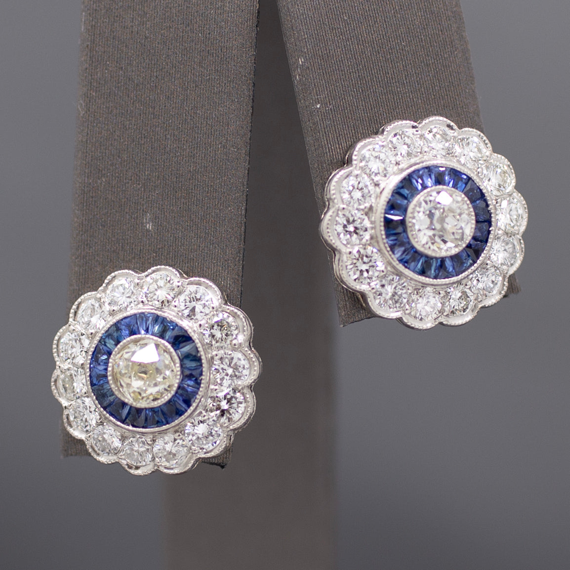 Sparkling Old Mine Cut Diamond and Sapphire Stud Earrings in 14k White Gold